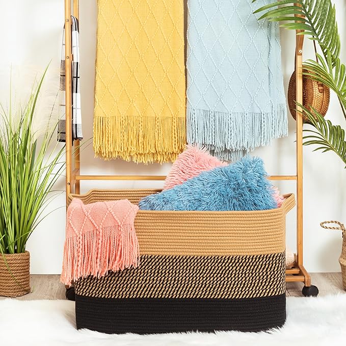 MINTWOOD Design 22in Extra Large Blanket Basket Holder for Living Room, Rectangle Rope Woven Storage Bin with Handles for Laundry, Pool Towels, and Shoes, Dog Toy Box Organizer, Black Jute