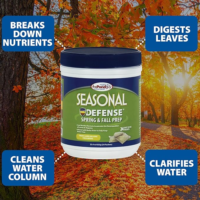 The Pond Guy Seasonal Defense, Spring & Fall Beneficial Bacteria, Barley & Enzymes, Cold Water Pond Sludge & Scum Treatment, Fish & Plant Safe, 6 Packets