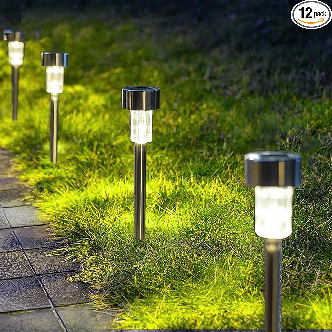 GIGALUMI Solar Pathway Lights 12 Pack, Stainless Steel IP44 Waterproof Auto On/Off Outdoor LED Pathway Landscape Solar Lights for Garden, Yard, Patio, Path and Walkway. (Cold White)