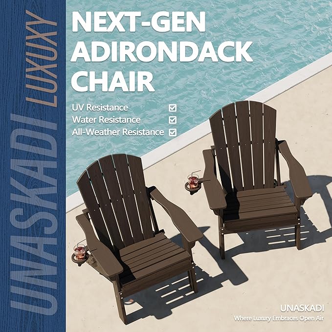 Folding Adirondack Chair Set of 2 with Cup Holder, HDPE All Weather Resistant Plastic Outdoor Patio Chairs, Heavy Duty Fire Pit Seating for Backyard Lawn Garden, Wooden Textured Design(Coffee)
