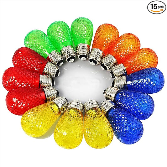 BRIMAX S14 LED Colored Light Bulbs with Faceted Surface,Outdoor Indoor String Light Replacement Bulbs,Plastic,Shatterproof, E26 Base, for Christmas Halloween Party and Holiday Decor,15 Pack