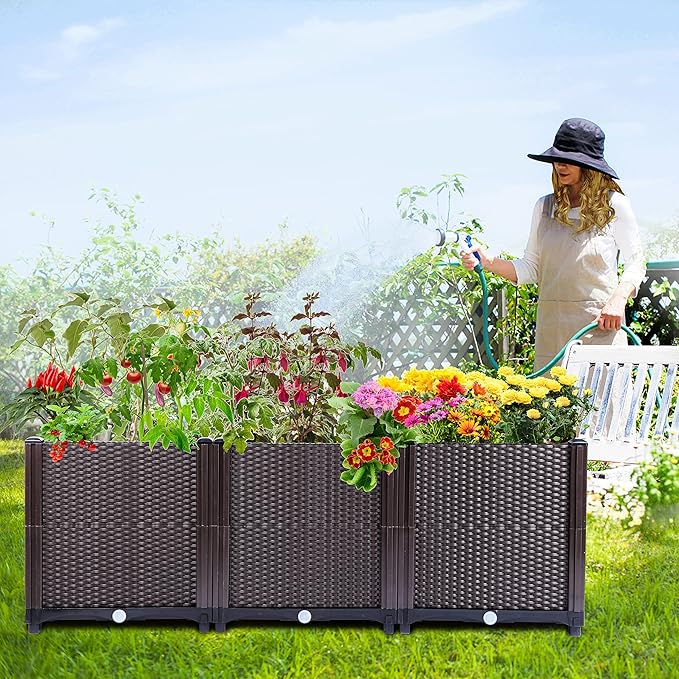 Emalie Deep Raised Garden Beds Large Plastic Planter Box with Drainage Plugs for Veggies Flowers Herbs Deep Root Plants Growing, 47.2" Lx15.7 Wx16.9 H Brown