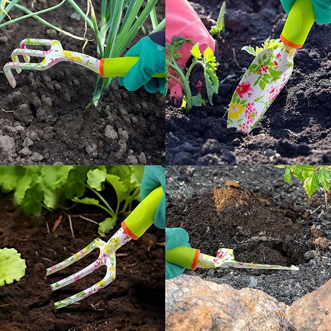 41-Piece Premium Gardening Tool Set, Stainless Steel Heavy Duty Gardening Tool Kit, with Non-Slip Rubber Grip, Storage Tote Bag, Outdoor Hand Tools, Ideal Gardening Gifts for All (Pink Floral)