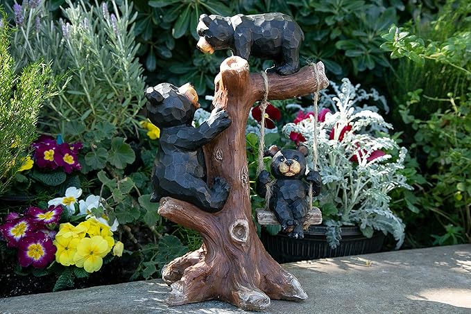 Exhart Garden Sculpture, Bear Family Tree Garden Statue with Real Swing, Outdoor Lawn and Yard Art Decoration, 9 x 6.5 x 14 Inch