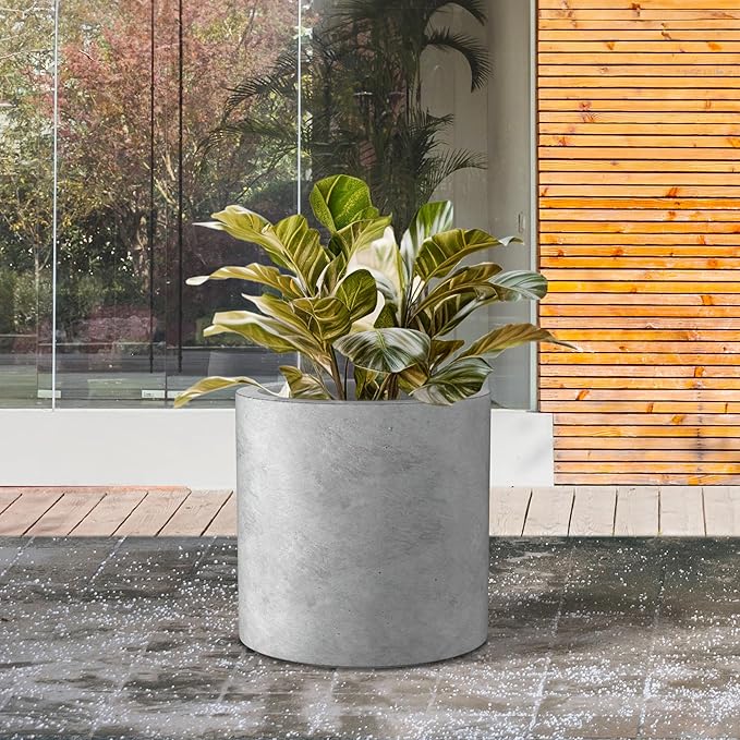 Kante 12.6" Dia Round Concrete Planter, Modern Style Large Cylindrical Plant Pot with Drainage Hole and Rubber Plug for Indoor Outdoor Patio, Natural Concrete