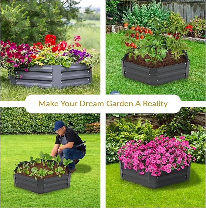 Sunnydaze Galvanized Raised Garden Bed - Metal Raised Bed for Gardening - Outdoor Planter Box for Flowers, Plants, and Vegetables - Gray - 12.25" Hexagon