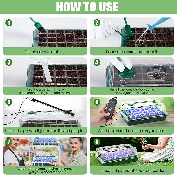2 Pack Seed Starter Tray with Grow Light High Dome Seed Germination Kit 80 Cells with 4 LED Grow Lights Seedling Starter Kit with Smart Timer and 3 Modes for Home Gardeners, Indoor Greenhouse