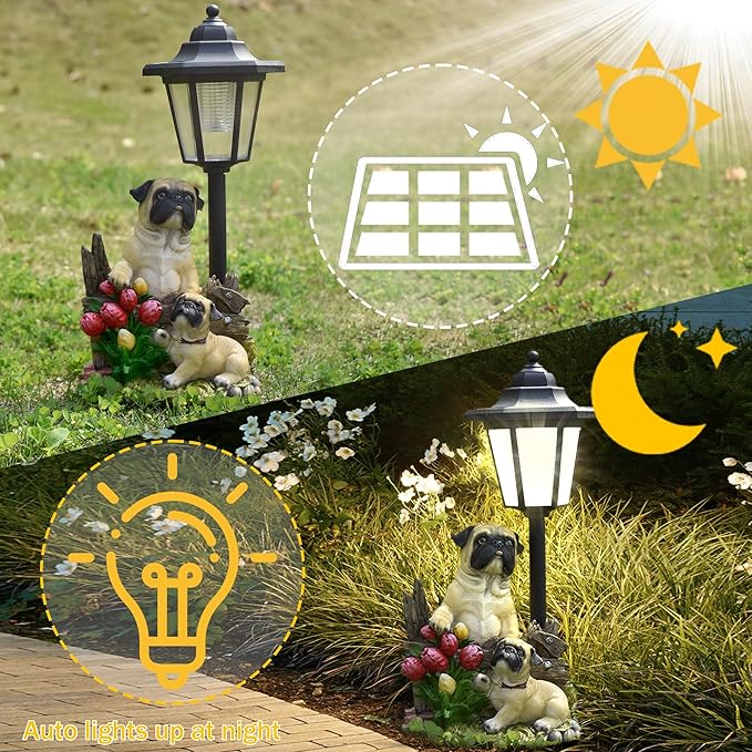 Solar Garden Outdoor Decor Statues Country Farm Pug Dogs with Light,Outside-Outdoor Decorations Sculptures for Patio Yard Lawn Walkway Ornaments Clearance Gifts for Mom Grandma Birthday