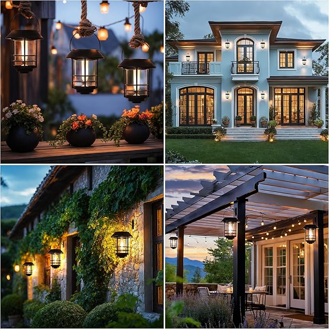 Otdair Solar Lantern Outdoor - 2 Glass Hanging Lights, Waterproof Wall Sconce, Decorative for Front Porch, Yard and Garden