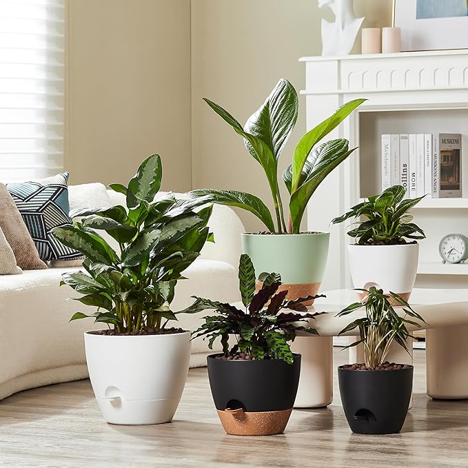 FaithLand 3-Pack Large Planter Pots, 12 10 9 Inch Self Watering Flower Pots for Indoor Outdoor Garden Plants, Green with Brown