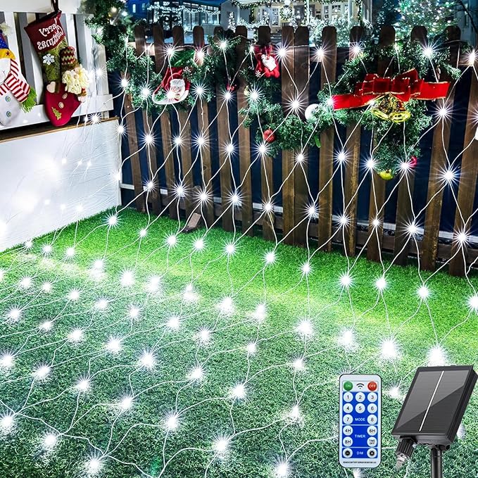 Christmas Net Lights, 204 LED Outdoor Mesh Lights Waterproof, Bush Solar Net Lights with 8-Lighting Modes for Tree Garden Yard Christmas Wedding Party Decoration(White)