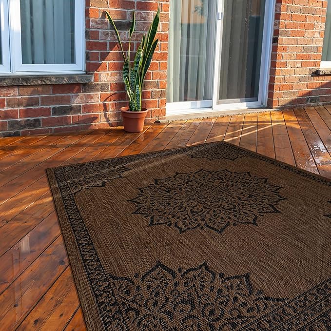 CAMILSON Outdoor Rug, 5x7 Medallion Nut Brown Black Modern Area Rugs for Indoor and Outdoor Patios, Kitchen and Hallway Mats, Washable Porch Deck Outside Carpet (Medallion Nut Brown Black, 5 x 7)