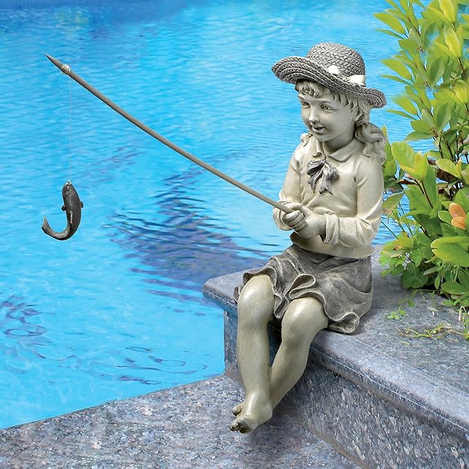Design Toscano Big Catch Fisherwoman Nellie Girl with Fishing Pole Garden Statue, Small 11 Inch Tall, Cast Stone Resin, Two Tone Stone Finish