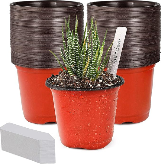 TDHDIKE 4" Small Plastic Plant Nursery Pot/Pots (100pcs Pots and 100pcs Plant Labels) Seedlings Flower Plant Container (Red) Seed Starting Pots Indoor Outdoor