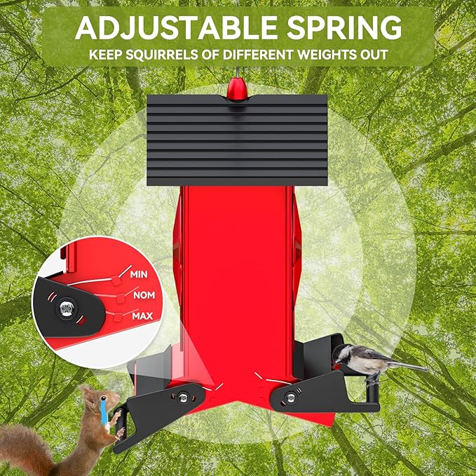 Squirrel Proof Bird Feeder for Outdoors Hanging, Metal Wild Bird Seed Feeder with Bilateral Weight-Activated Perches, 5LB Large Capacity Wild Bird Feeders for Outside Finch, Cardinal, Blue Jay