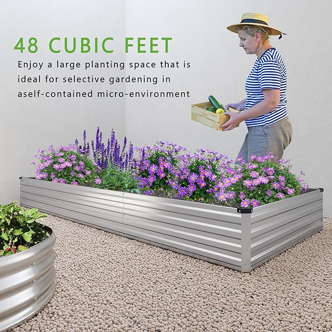 12x4x1FT Galvanized Raised Garden Bed Kit,Vegetable Boxes-Rectangle Metal Flower Box,Large Planter Raised Beds Outdoor Garden for Planting,Fruit,Herb-Sliver