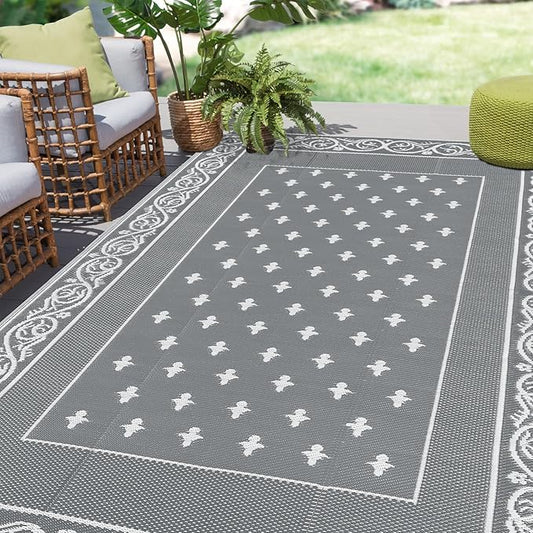 Pauwer Waterproof Outdoor Rug 6x9, Reversible Plastic Straw Patio Camping Rug, Indoor Outdoor RV Mat Carpet for Deck, Camper, Porch, Balcony, Backyard, Picnic, Bordered Grey