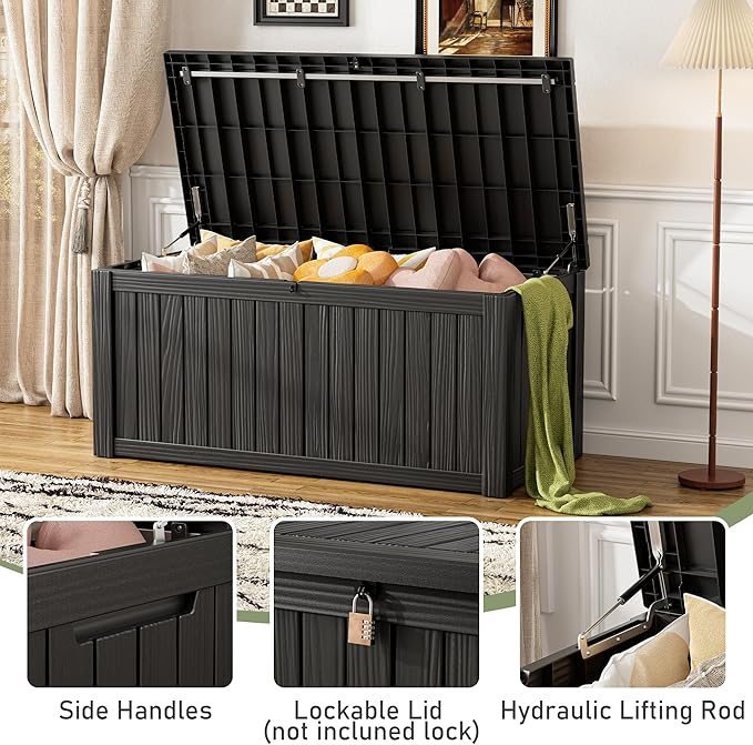 KAMABOKO Outdoor Storage Box, 120 Gallon Large Outdoor Resin Deck Box, Storage Waterproof Boxes Lockable Lid for Garden Tools, Pool Supplies, Patio Furniture and Cushions, Black