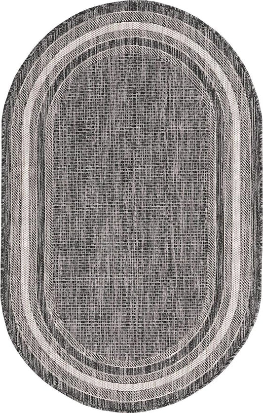 Unique Loom Outdoor Border Collection Area Rug - Soft Border (3' 3" x 5' 3" Oval, Black/ Ivory)