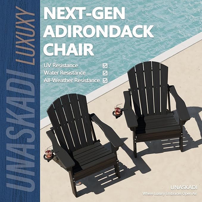 Folding Adirondack Chair Set of 2 with Cup Holder, HDPE All Weather Resistant Plastic Outdoor Patio Chairs, Heavy Duty Fire Pit Seating for Backyard Lawn Garden, Wooden Textured Design(Black)(Black)