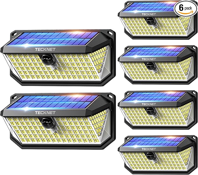 TECKNET 461 LED Solar Powered Outdoor Lights, 270° Angle & 3 Lighting Modes Motion Sensor Light Outdoor, Security Solar Lights Waterproof for Fence Front Door Yard Deck Garden Garage House - 6 Pack