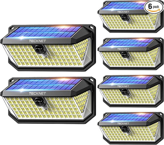 TECKNET 461 LED Solar Powered Outdoor Lights, 270° Angle & 3 Lighting Modes Motion Sensor Light Outdoor, Security Solar Lights Waterproof for Fence Front Door Yard Deck Garden Garage House - 6 Pack