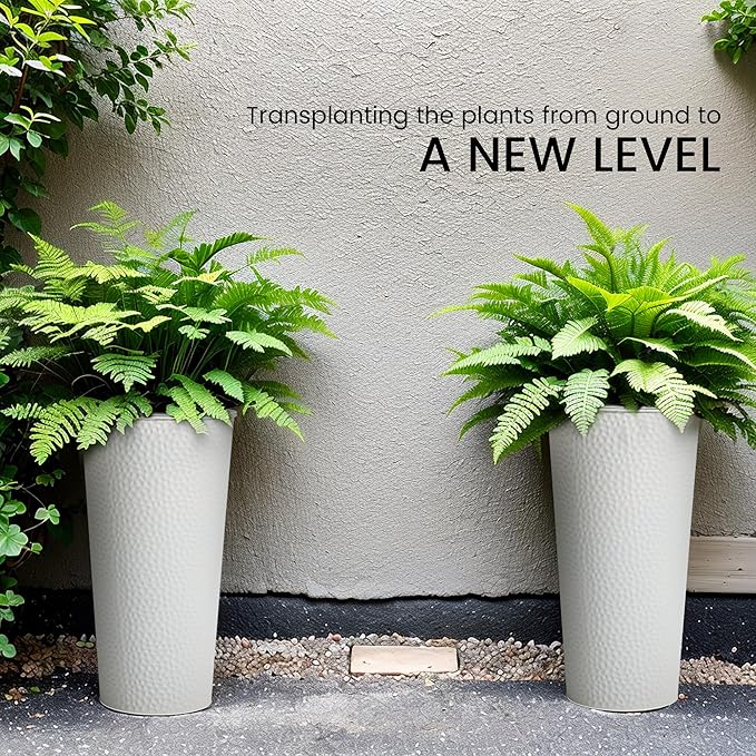KOL 28" H. Tall Metal Cone Planters with Inner Pots 2-Pack, White Hand-Hammered Large Decor Planter for Deck, Patio, Porch - Handcrafted Flower Pot - with Water Level Indicator - Indoor Outdoor Use