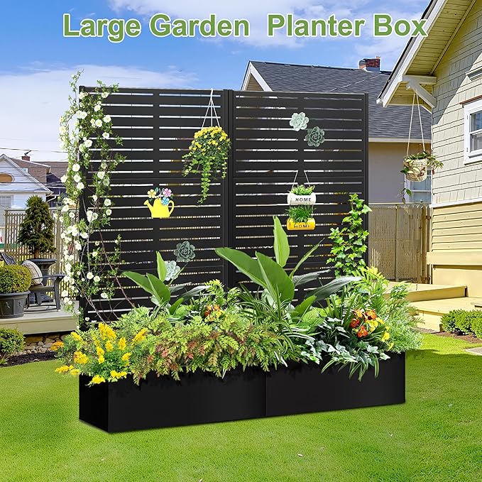 Trellis for Climbing Plants Outdoor，Mental Garden Bed with Drainage Holes Outdoor Privacy Screen Design Tall planters for herb Flower Vegetables 73"x35"x16", Black-Louvered