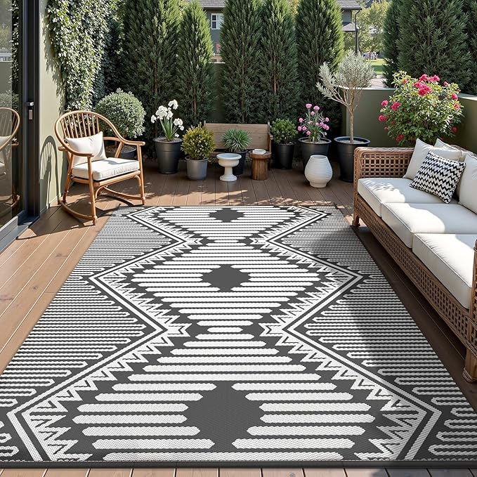 MontVoo Outdoor Rug 9x12 Waterproof Patio Rug-Outdoor Carpet Mat Reversible Plastic Straw Outside Outdoor Rug for RV Camping Picnic Beach Balcony Backyard Pool Deck Porch Modern Boho Grey
