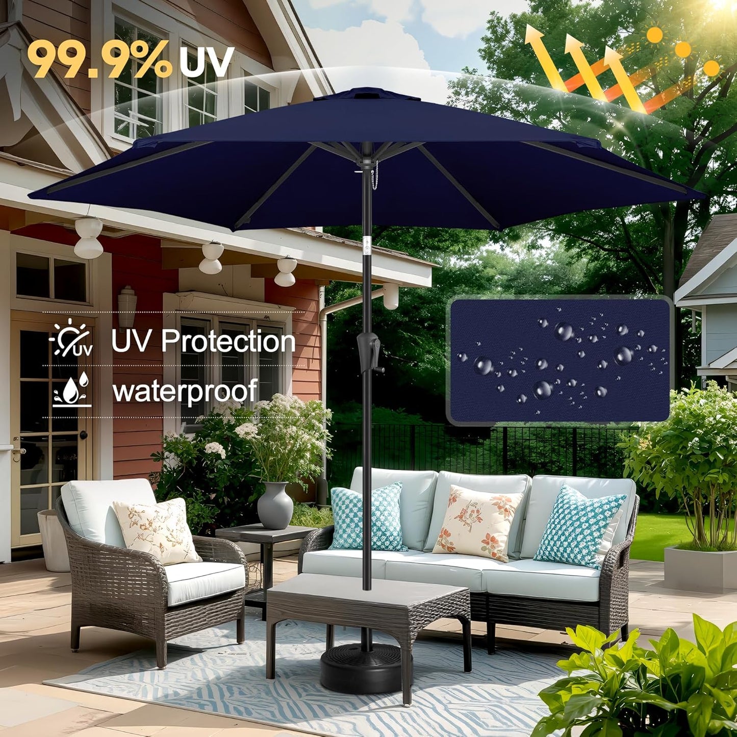 FLAME&SHADE 10ft Patio Umbrella - Outdoor Umbrella with 6 Sturdy Ribs, Push Button Tilt and Crank, UV Protection Table Market Umbrella for Pool, Porch，Garden, Deck, Backyard (Navy Blue)