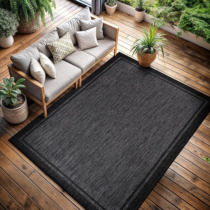 CAMILSON Indoor Outdoor Rug, 9x12 Bordered Dark Grey Black Modern Large Area Rugs for Indoor and Outdoor Patios, Kitchen and Hallway Mats, Washable Porch Deck Outside Carpet (Bordered Black, 9 x 12)