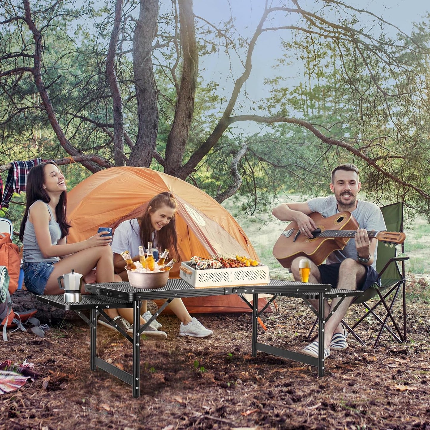 Grill Table 3FT+1.4 FT Folding Table with 2 Wing Panels with Mesh Desktop 2 Height Adjustable Portable Grill for Outdoor Indoor Beach BBQ Picnic Travel RV Black