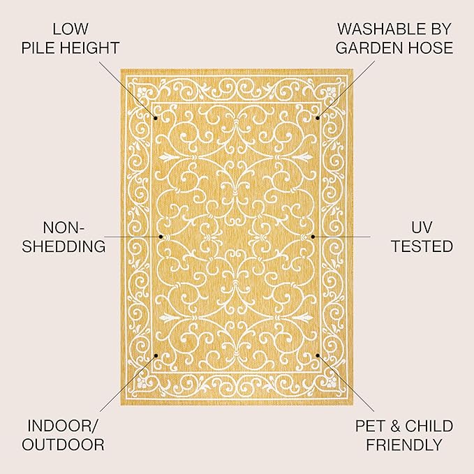 JONATHAN Y SMB106L-5SQ Charleston Vintage Filigree Textured Weave Indoor Outdoor Area Rug, Classic Traditional Transitional Easy Cleaning,Bedroom,Kitchen,Backyard,Patio, Yellow/Cream, 5' Square