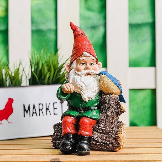 Garden Gnome Statues with Bird Resin Sculpture Gnome Sitting on The Stump Outdoor Statues for Outdoor Garden Decor