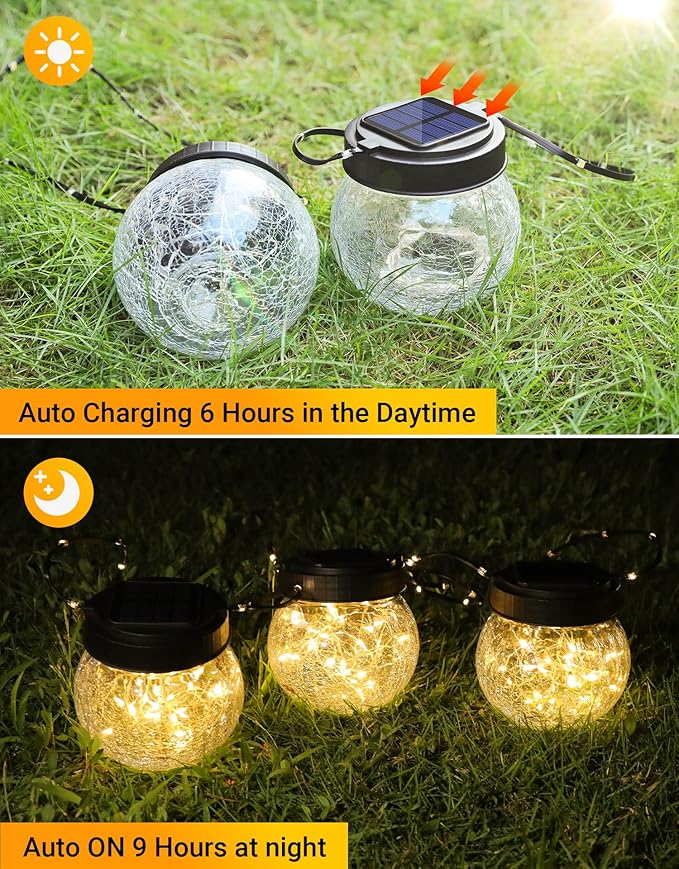 Solar Lantern Solar Lights Outdoor Waterproof 2-Pack, Solar Powered Hanging Lights Cracked Glass Hanging Globes for Christmas Decoration, Shepherd Hook, Garden Tree Ornaments