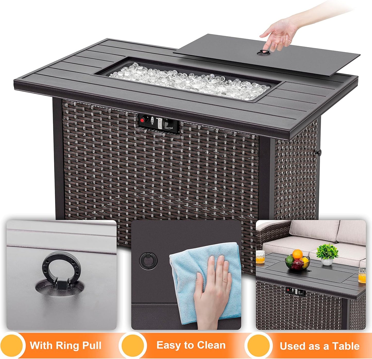 Nuu Garden 43 Inch Propane Fire Pit Table, CSA Certified 50,000 BTU Outdoor Patio Propane Fire Pit Table with 7 lbs Glass Stone and Removable Lid, Aluminum Tabletop, Water-Proof Oxford Cover, Brown