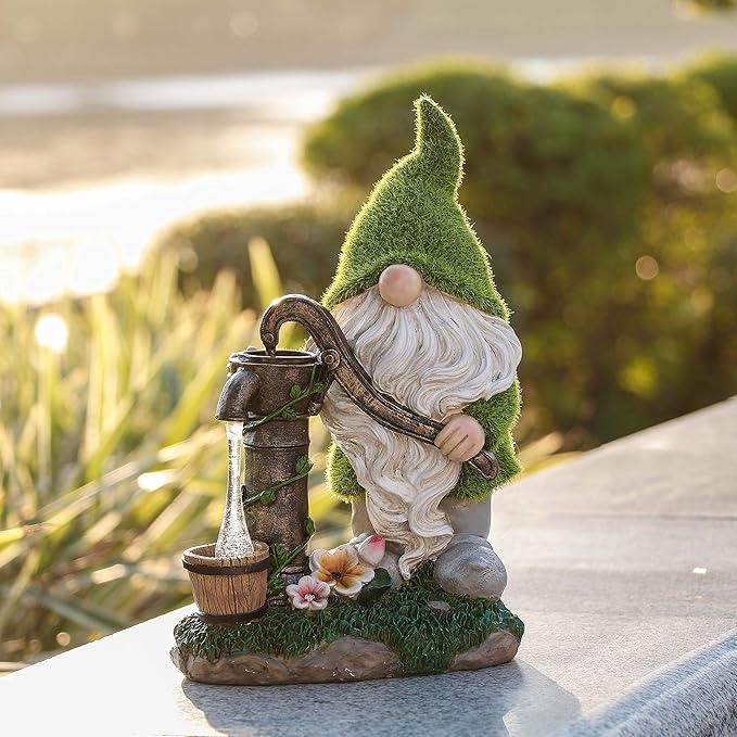 TERESA'S Collections Resin Garden Gnomes Decor with Solar Lights, Light Green Outdoor Decorations for Porch Patio, Gifts for Women and Men，Outdoor Garden Decor Ornaments for Outside, 9"