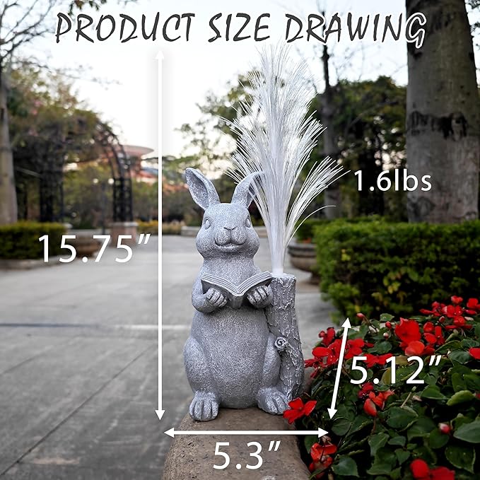 Rabbit Solar Garden Statues,Resin Rabbit Figurine Reading a Book and 7-Color Changing Optical Fiber with Solar Lights, Lawn Decor Outdoor Statue for Patio,Balcony,Yard,Lawn Ornament