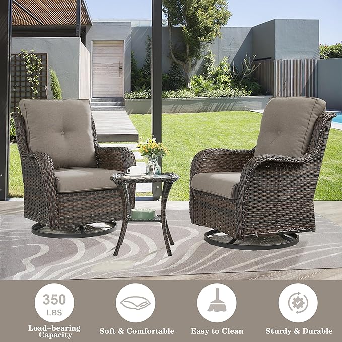 Patio Furniture Set Swivel Rcoker - 3 Pieces Outdoor Glider Rocking Chairs with Small Side Table, Wicker Chair Sets for Porch, Balcony and Garden