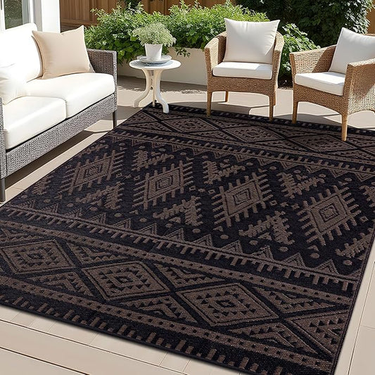 OLANLY Outdoor Rug Waterproof 8x10 ft, Reversible Outdoor Plastic Straw Rug, Boho Patio Rug, Indoor Outdoor Carpet, RV Mat Outside for Patio, Camp, Picnic, Balcony, Deck, Backyard, Black & Brown