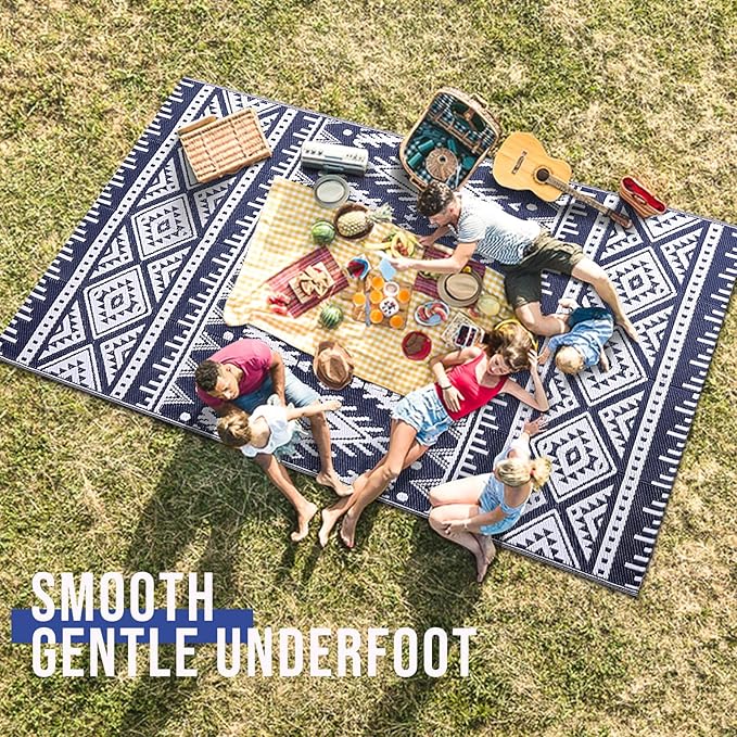 OLANLY Outdoor Rug Waterproof 5x8 ft, Reversible Outdoor Plastic Straw Rug, Boho Patio Rug, Indoor Outdoor Carpet, RV Mat Outside for Patio, Camp, Picnic, Balcony, Deck, Backyard, Navy & White