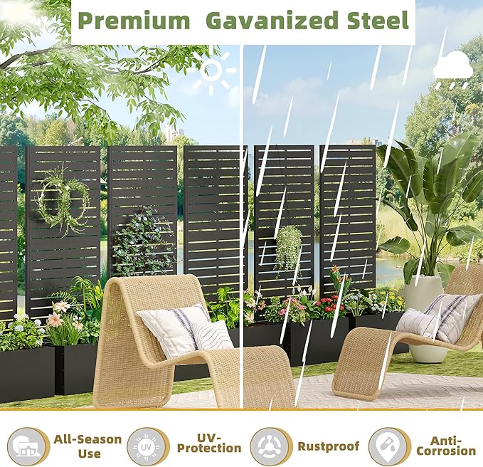 Casaphoria Metal Raised Garden Bed with Trellis, 59"x30"x12" Planter Box for Climbing Plants, Vegetables & Vines, Features Drainage Holes and Privacy Screen (Black-Louvered)