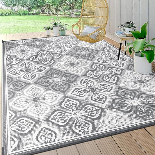 Pauwer Waterproof Outdoor Rug 8x10, Reversible Plastic Straw Patio Camping Rug, Indoor Outdoor RV Mat Carpet for Deck, Camper, Porch, Balcony, Backyard, Picnic, Clover Grey