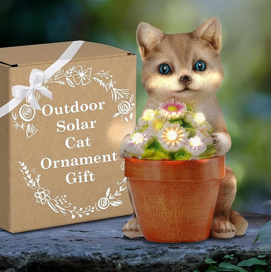 Muldale Cat Solar Light - Cat Garden Statue Outdoor - Solar Powered Cat Garden Decor for Outside - Hand Painted Floral Plant Pot Light Up Cat