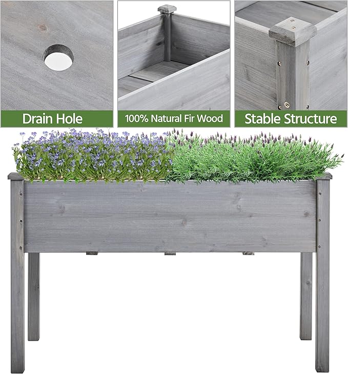 Yaheetech 1pc Raised Garden Bed Outdoor with Legs Horticulture Elevated Wood Planter Boxes w/Stable Rectangle Structure Standing Planter for Vegetables Flowers Herbs Planting,Gray