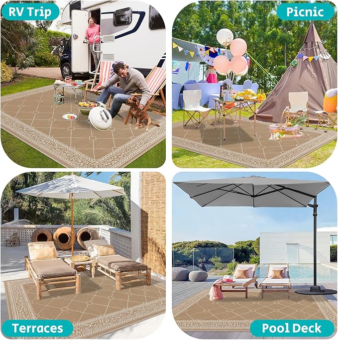 HEBE Outdoor Rug Waterproof 9x12, Reversible Plastic Straw Rug RV Camping Rug, Indoor Outdoor Patio Mat Clearance, Outside Carpet for Porch,Deck,Camper,Balcony,Backyard,Picnic