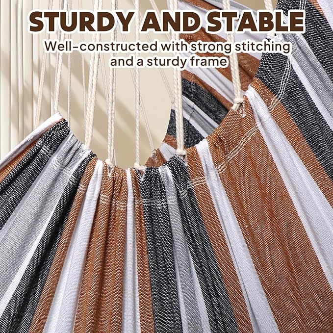 Chihee Hammock Chair Hanging Swing 2 Pillows Included,Strong Webbing Straps and Hooks for Easy Hanging Soft Cotton Hanging Chair Side Pocket Tassel Chair Comfort Indoor Outdoor Brown Stripes