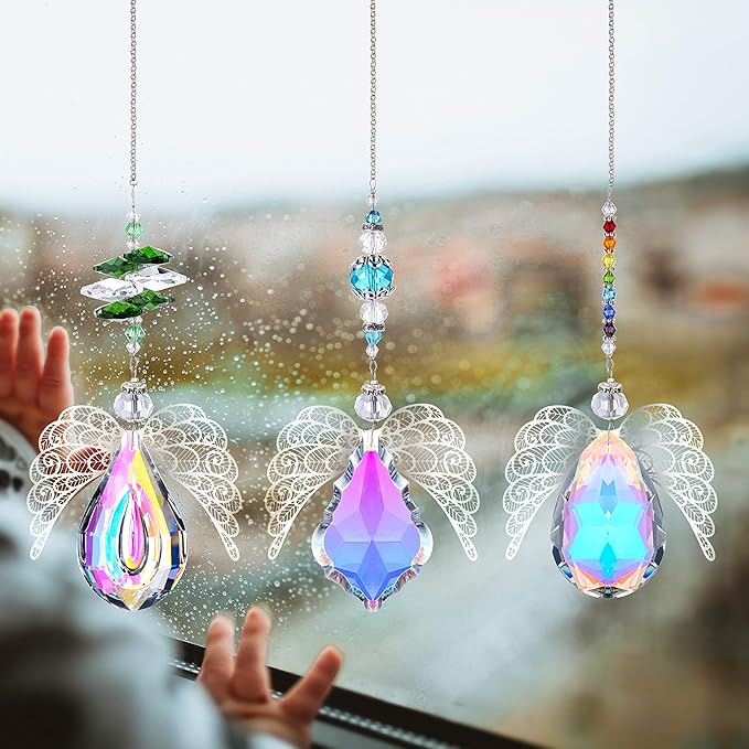 H&D HYALINE & DORA Metal Angel Wing Pendant with Rainbow Crystal Prisms Suncatcher Window Home Christmas Hanging Decor,Set 3pcs