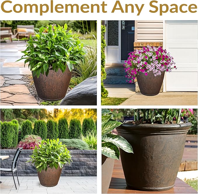 Sunnydaze 24-Inch Anjelica Large Plastic Pot for Plants - Outdoor Polyresin Round Planter with Drillable Drainage Holes - Rust - 4pk