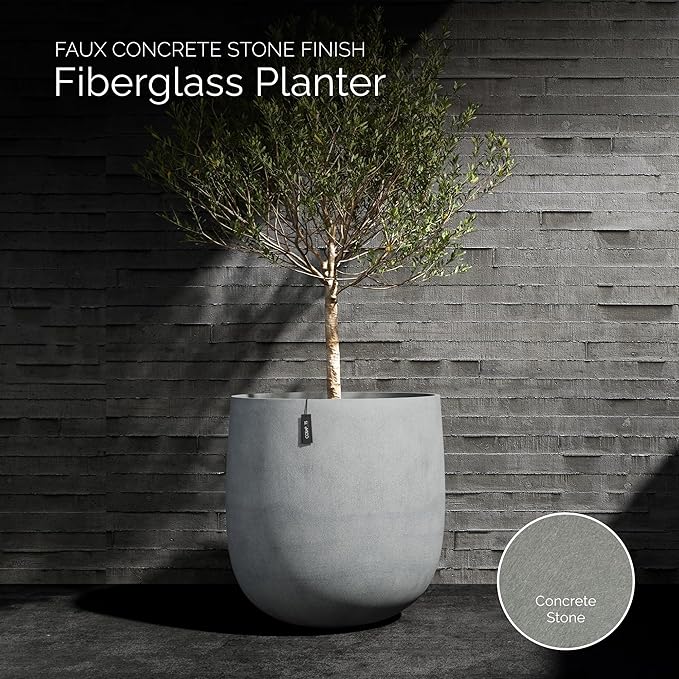 Mondo Large Planter – Concrete Stone Finish – Fiberglass Indoor/Outdoor and Weather-Resistant Round Planter (19.7" D x 19.1" H Exterior, 18.5" D x 18.5" H Interior)